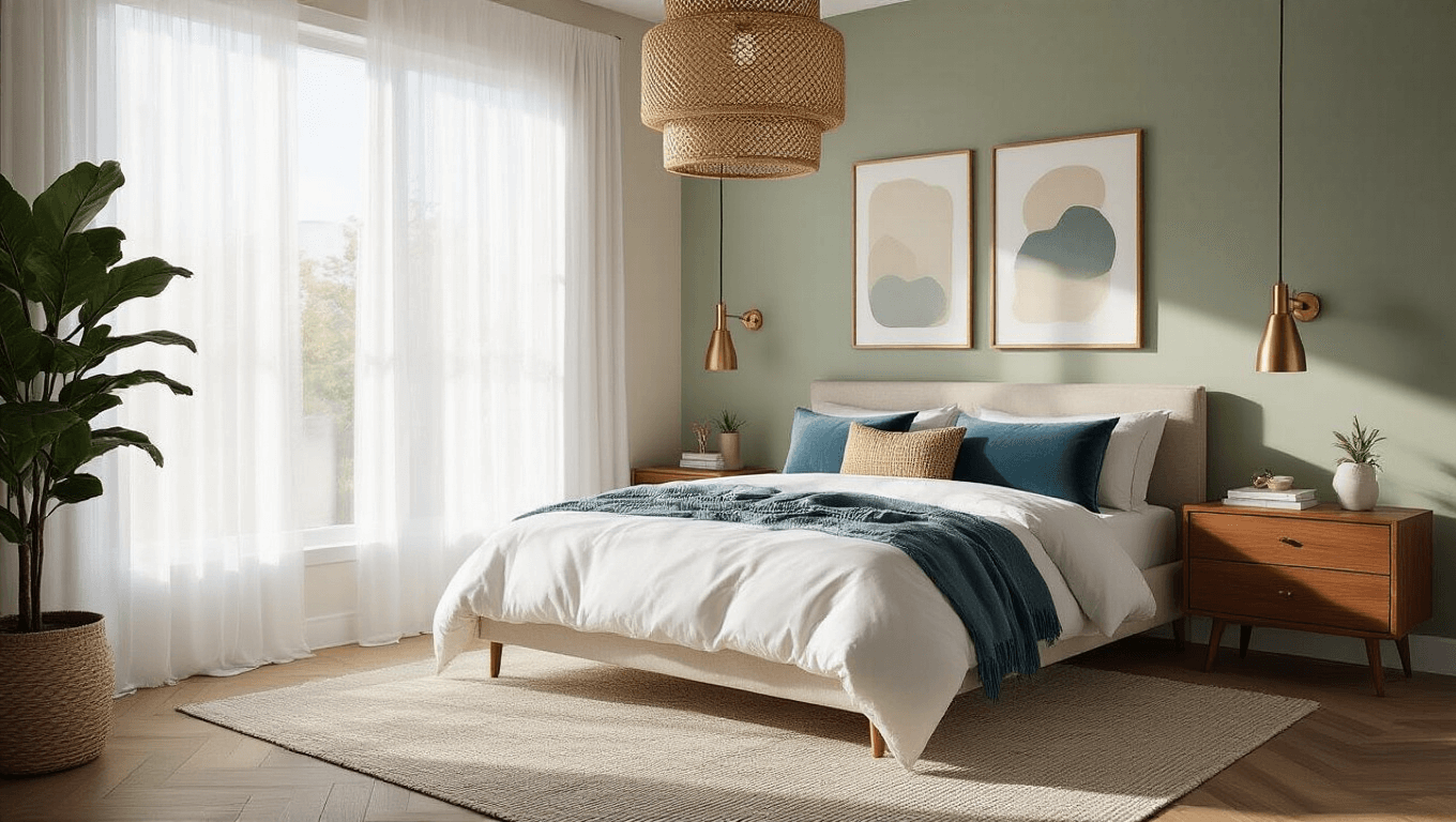 A sun-drenched modern bedroom featuring a king-sized bed with a white linen duvet and dusty blue velvet pillows, illuminated by golden hour light filtering through sheer curtains. Rattan pendant light casts honeycomb shadows while walnut nightstands with brass lamps frame the bed. A fiddle leaf fig plant adds greenery, complemented by a neutral rug and sage green accent wall with modern abstract art. Hyper-detailed interior in 8K resolution.