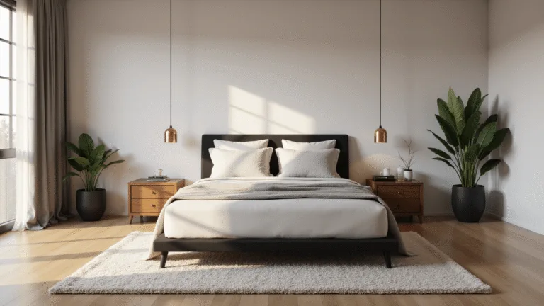 A photorealistic modern minimalist bedroom showcasing a low-profile black platform bed with white linens, bathed in warm morning sunlight from floor-to-ceiling windows, featuring walnut nightstands, brass pendant lights, and an ivory area rug over oak flooring, captured in ultra-detailed, high-end interior photography.