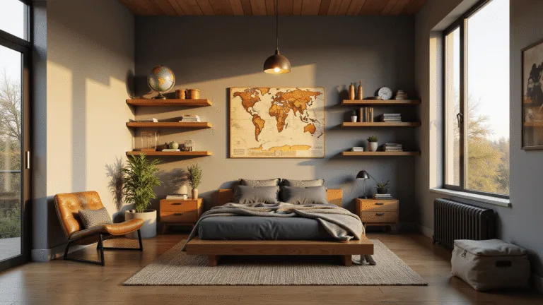 Photorealistic image of a modern boy's bedroom featuring a minimalist platform bed with gray linens, warm greige walls, and golden hour sunlight casting long shadows. The room includes vintage maps on floating shelves, a jute rug, globe pendant light, leather accent chair, and canvas storage bins, all in a color palette of earth tones and forest green.