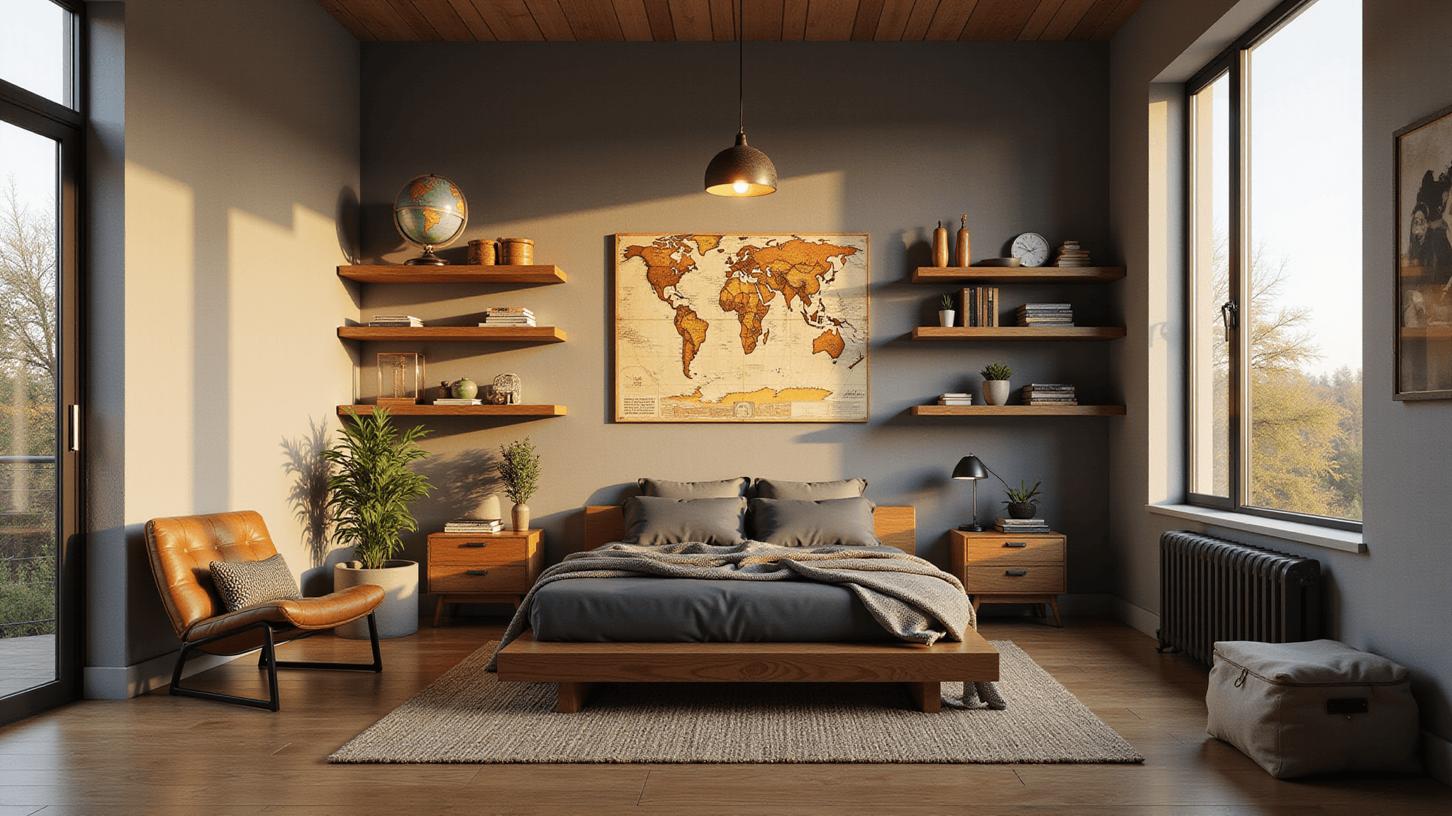 Photorealistic image of a modern boy's bedroom featuring a minimalist platform bed with gray linens, warm greige walls, and golden hour sunlight casting long shadows. The room includes vintage maps on floating shelves, a jute rug, globe pendant light, leather accent chair, and canvas storage bins, all in a color palette of earth tones and forest green.