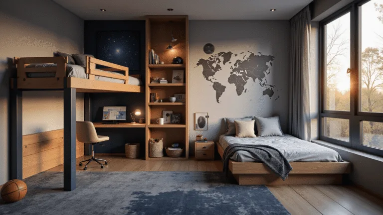 Photorealistic interior of a modern boys bedroom featuring a custom loft bed, adventure-themed decor, geometric shelves, and a cozy reading nook, all illuminated by natural light and ambient LED lighting during golden hour.
