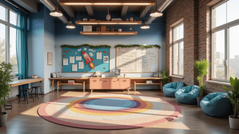 Ultrawide shot of a bright, contemporary classroom featuring dynamic decor elements, including an ombre accent wall, colorful student artwork, industrial pendant lights, an interactive rocket-themed bulletin board, a large circular rainbow rug, and a cozy reading nook with bean bags, all bathed in natural sunlight.