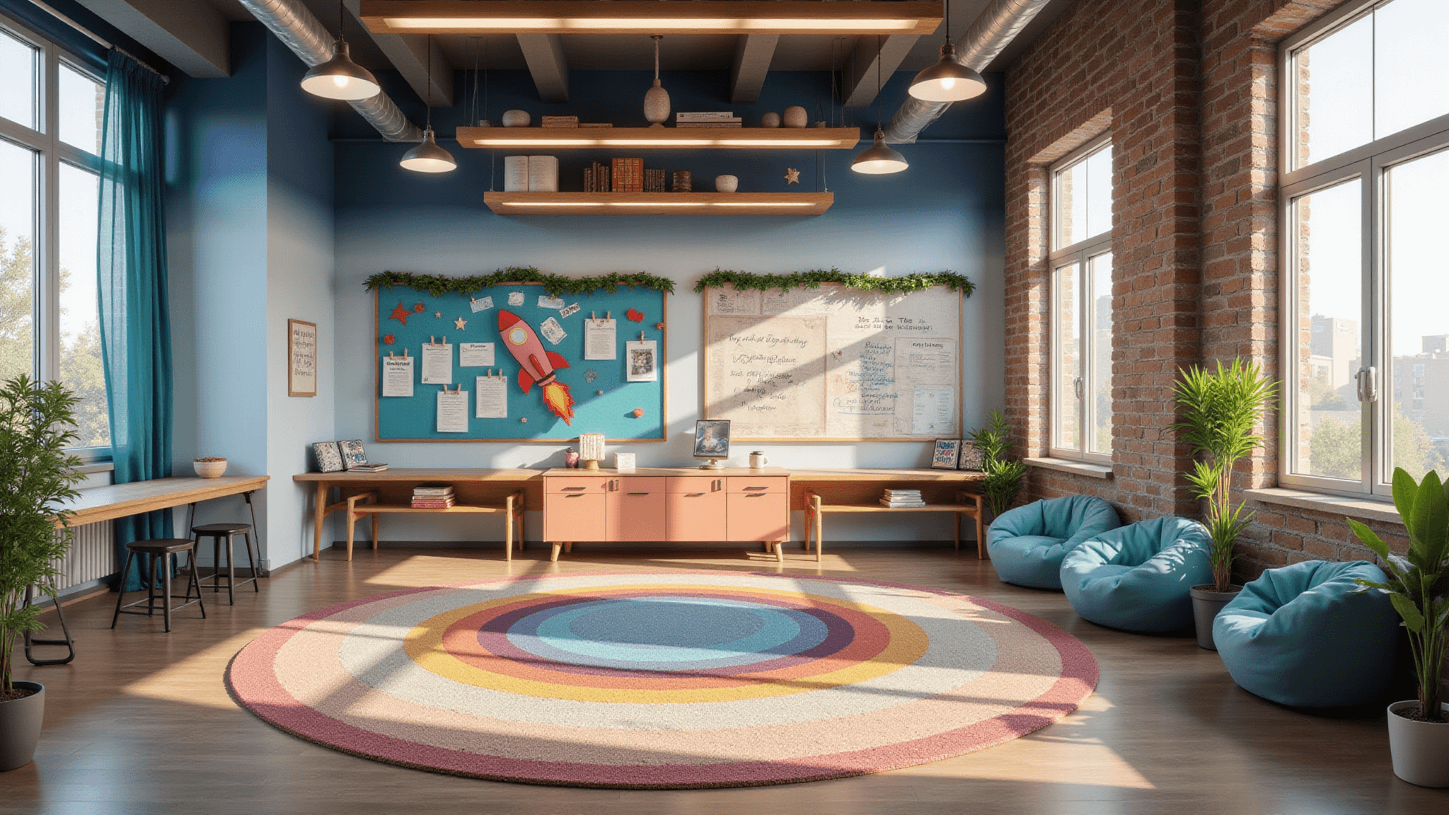 Ultrawide shot of a bright, contemporary classroom featuring dynamic decor elements, including an ombre accent wall, colorful student artwork, industrial pendant lights, an interactive rocket-themed bulletin board, a large circular rainbow rug, and a cozy reading nook with bean bags, all bathed in natural sunlight.