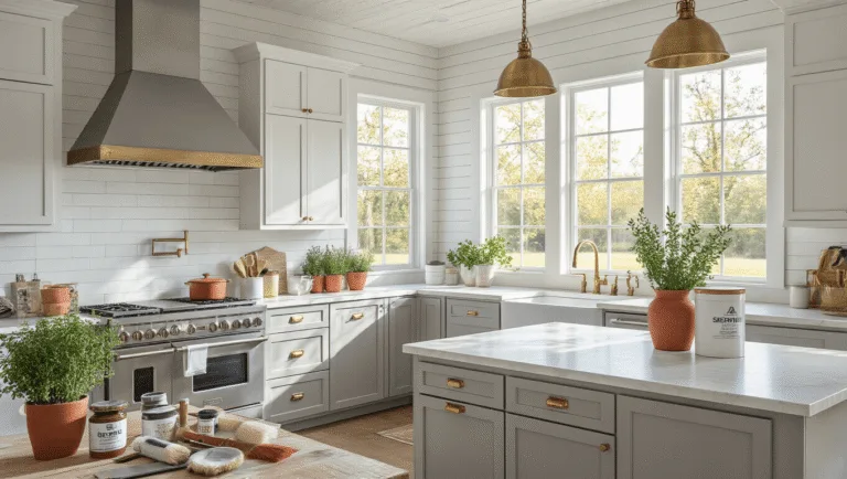 Photorealistic modern farmhouse kitchen featuring pale gray cabinets with brass hardware, a quartzite waterfall island, and natural lighting highlighting organized paint supplies and tools in the foreground.