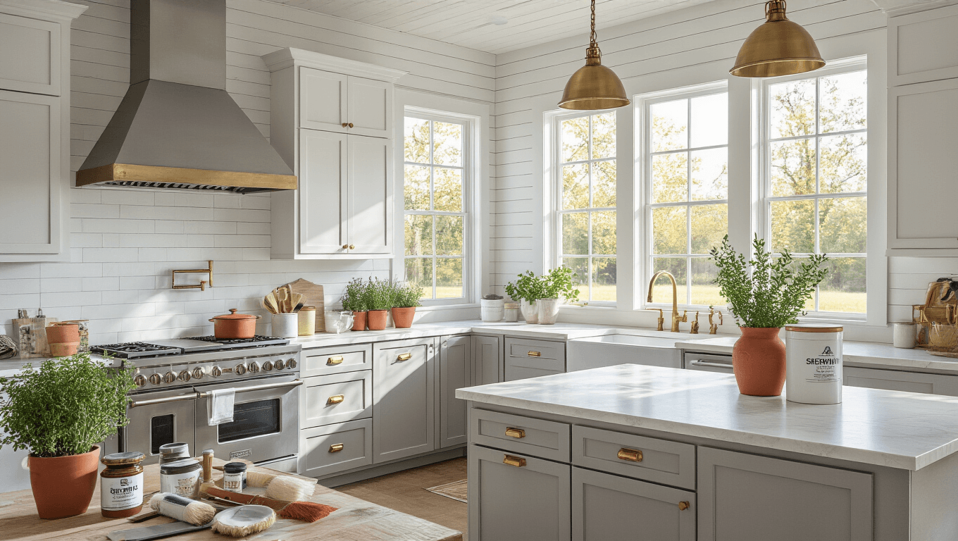 Photorealistic modern farmhouse kitchen featuring pale gray cabinets with brass hardware, a quartzite waterfall island, and natural lighting highlighting organized paint supplies and tools in the foreground.