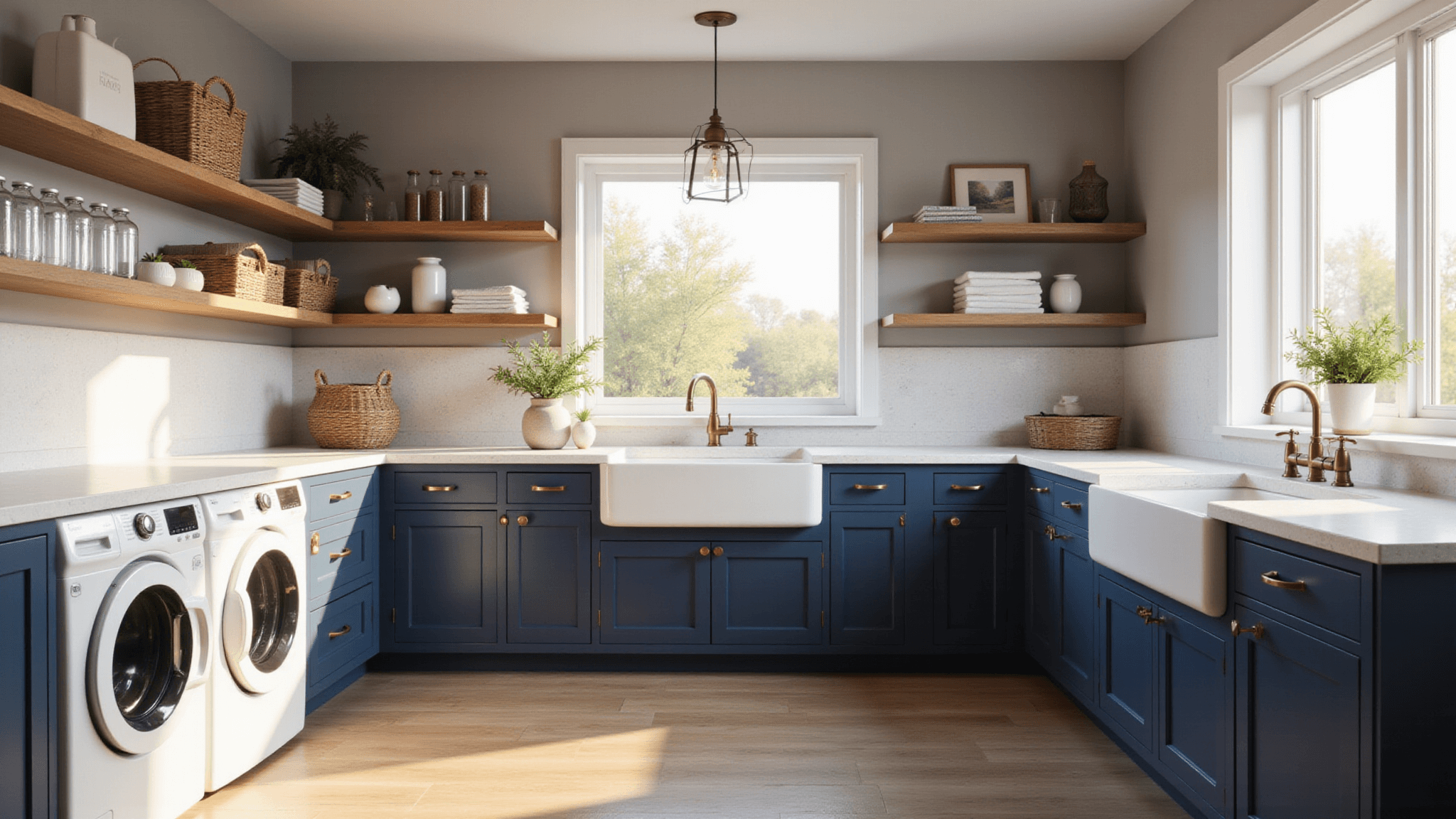 Photorealistic modern farmhouse laundry room featuring navy blue cabinetry, brass fixtures, and expansive white quartz countertops, illuminated by golden hour sunlight.