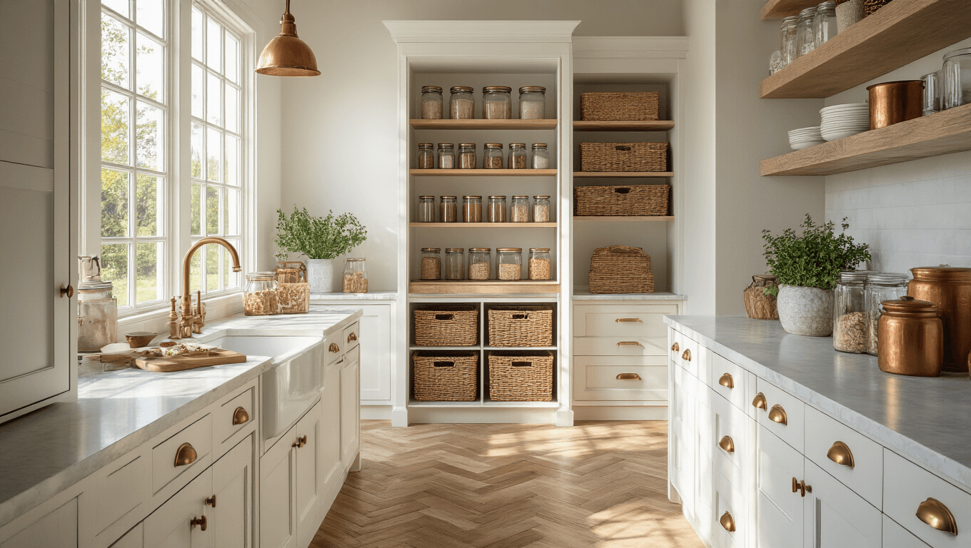 Photorealistic image of a modern farmhouse kitchen featuring a tall white shaker-style pantry cabinet with antique brass hardware, organized with glass storage jars and woven baskets, set against natural oak herringbone flooring and marble countertops, illuminated by morning sunlight with soft shadows and warm color temperature, showcasing hyper-detailed textures and professional architectural lighting.