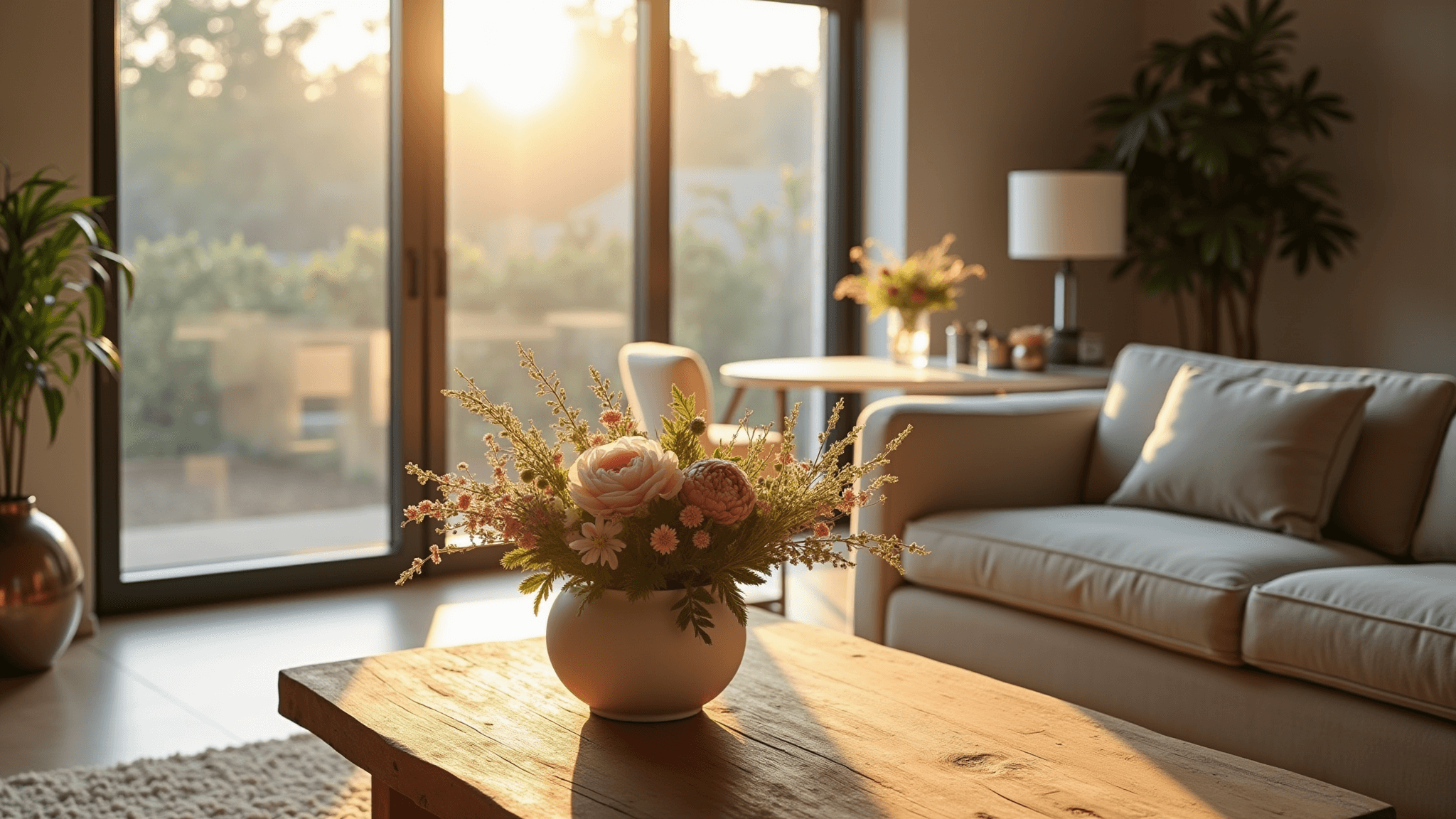 A beautifully arranged contemporary living space bathed in golden hour sunlight, featuring vignettes of floral decor: a rustic wooden coffee table with a garden-style centerpiece of muted wildflowers, a minimalist desk with a single peony in a clear glass vessel, and a nightstand with petite roses in silver vases, captured in hyper-realistic detail.