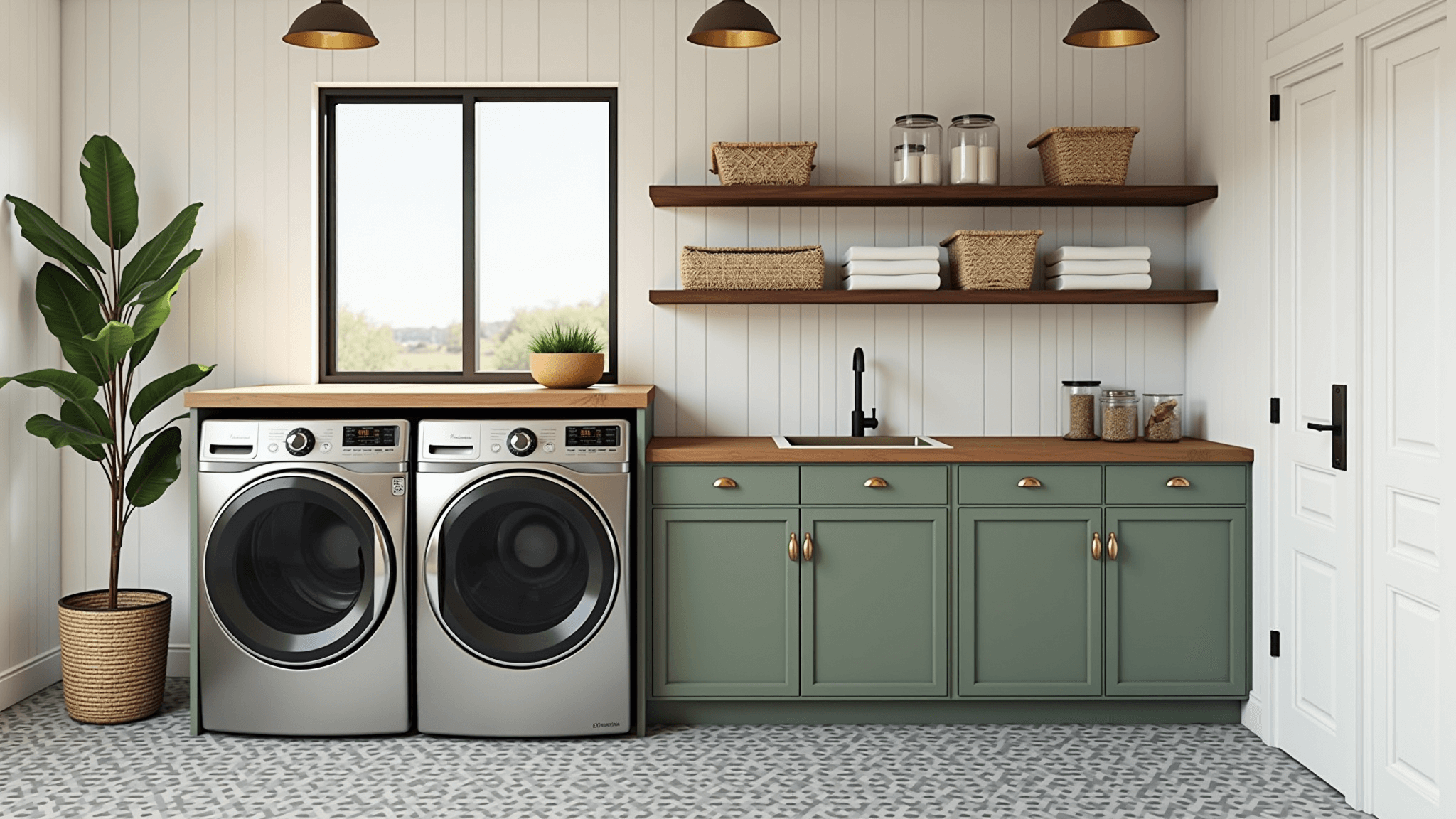 Photorealistic interior design of a luxurious garage laundry room with stacked stainless steel washer and dryer, sage green cabinets, butcher block countertop, floating shelves, cement tile floor, and natural light from a black-framed window.
