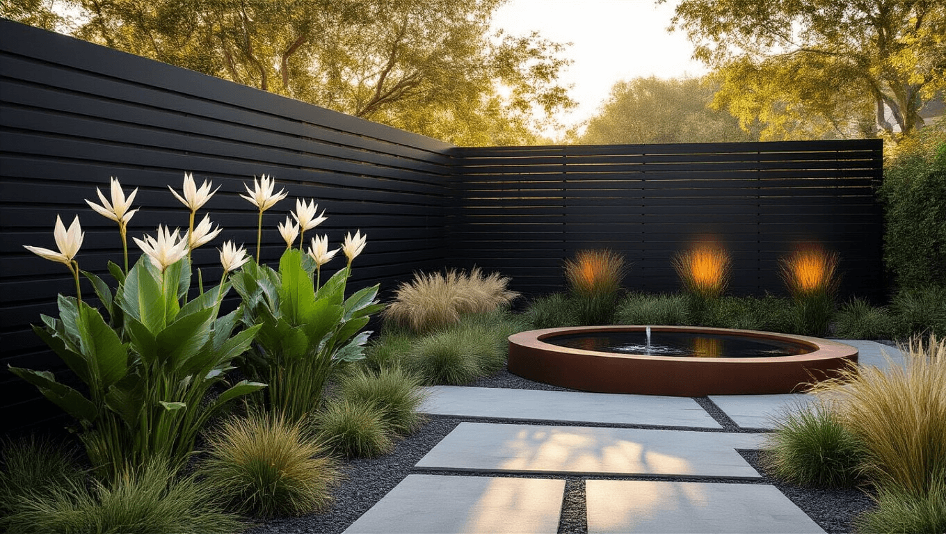 A contemporary garden at golden hour featuring a matte black horizontal-slatted fence, sculptural white bird of paradise plants, drought-resistant grasses, and a curved Corten steel water feature, all captured in a wide shot with dramatic shadows and warm lighting.