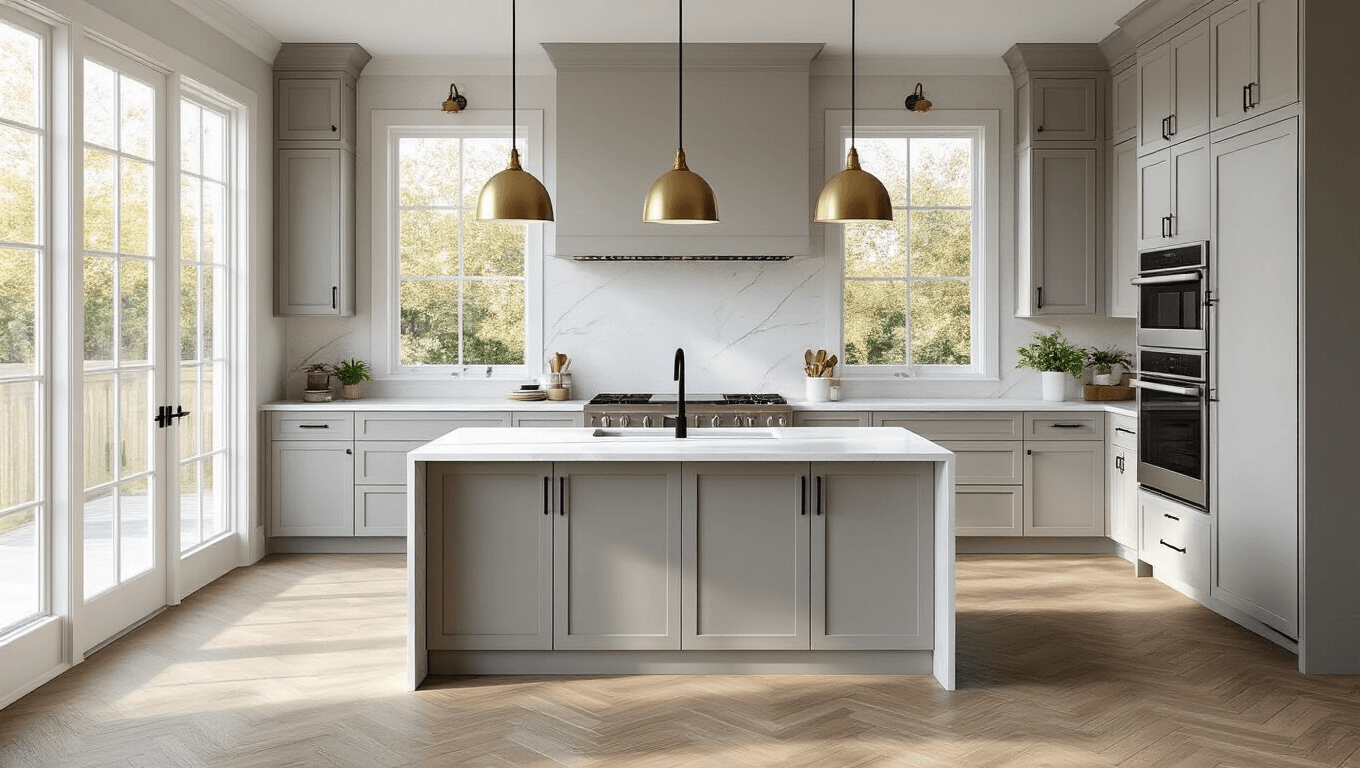 Photorealistic modern greige kitchen interior with large windows, quartz waterfall island, matte black hardware, and brushed brass pendant lights, highlighting an open-concept layout and natural light.