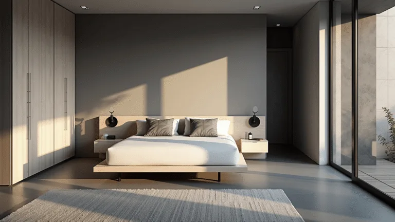 A modern minimalist bedroom with pearl grey walls, a low-profile platform bed, and golden hour sunlight streaming through floor-to-ceiling windows, featuring bleached oak nightstands and geometric grey pillows.