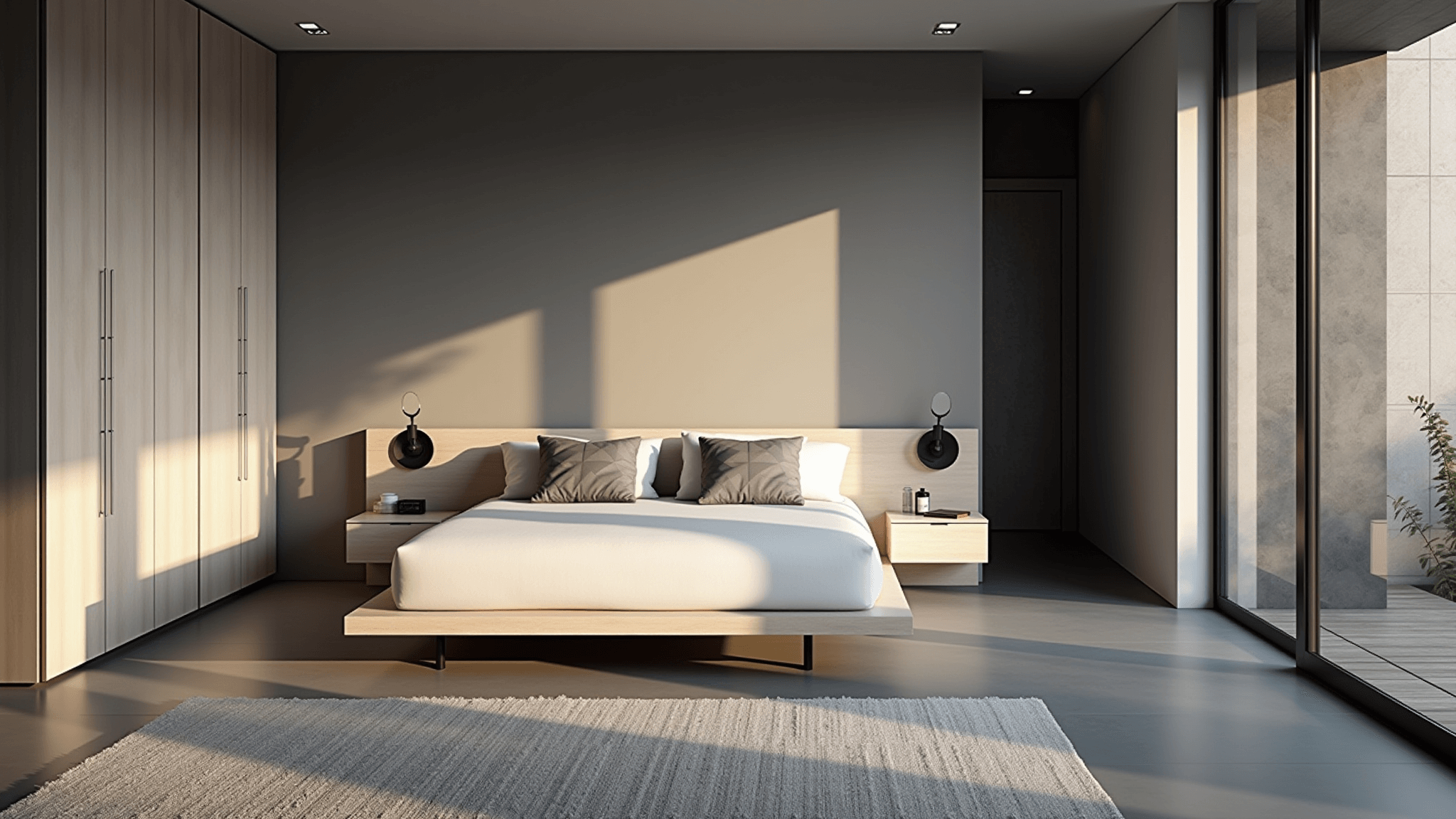 A modern minimalist bedroom with pearl grey walls, a low-profile platform bed, and golden hour sunlight streaming through floor-to-ceiling windows, featuring bleached oak nightstands and geometric grey pillows.