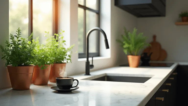 Photorealistic image of a sunlit modern kitchen featuring a curated herb garden in copper and terracotta containers, set against white marble countertops, with floor-to-ceiling windows illuminating the vibrant foliage and creating a soft halo effect.
