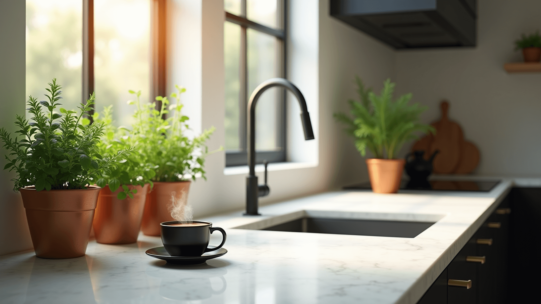 Photorealistic image of a sunlit modern kitchen featuring a curated herb garden in copper and terracotta containers, set against white marble countertops, with floor-to-ceiling windows illuminating the vibrant foliage and creating a soft halo effect.