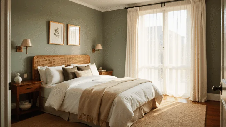 A sophisticated guest bedroom bathed in golden hour sunlight, featuring a queen-sized bed with white linens and cashmere throws, rattan headboard, vintage brass sconces, and a large bay window with sheer curtains.