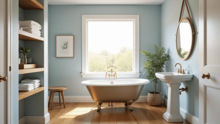 Photorealistic image of a sunlit vintage bathroom with a clawfoot tub, pale blue walls, and golden hour light illuminating a white pedestal sink and restored hardwood floors.