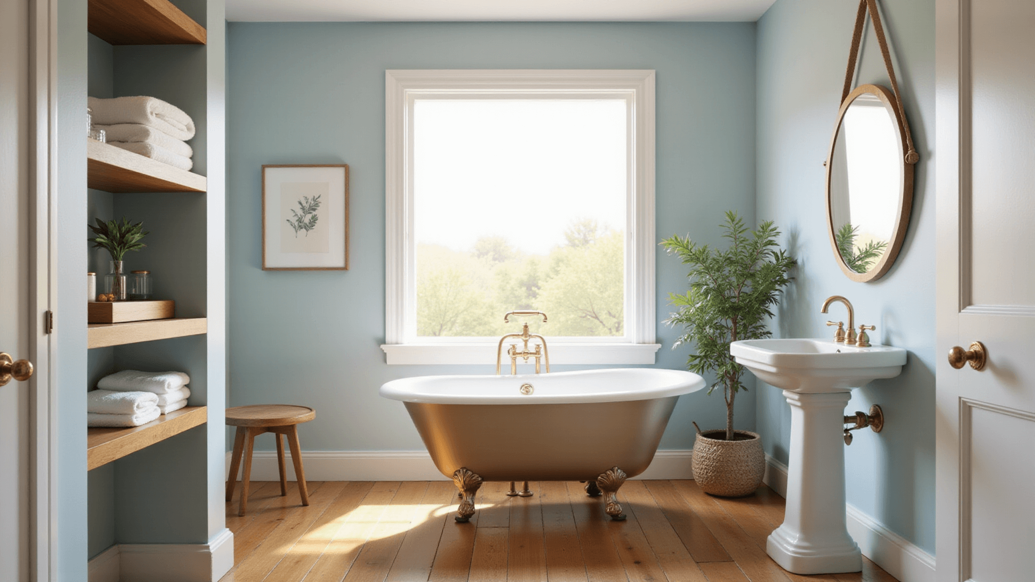 Photorealistic image of a sunlit vintage bathroom with a clawfoot tub, pale blue walls, and golden hour light illuminating a white pedestal sink and restored hardwood floors.