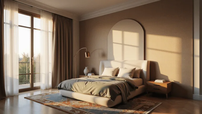 A luxurious master bedroom at golden hour, featuring a queen-sized bed with layered sage green and ivory bedding, a vintage Persian rug, and floor-to-ceiling windows casting warm light and shadows, creating a serene and sophisticated atmosphere.