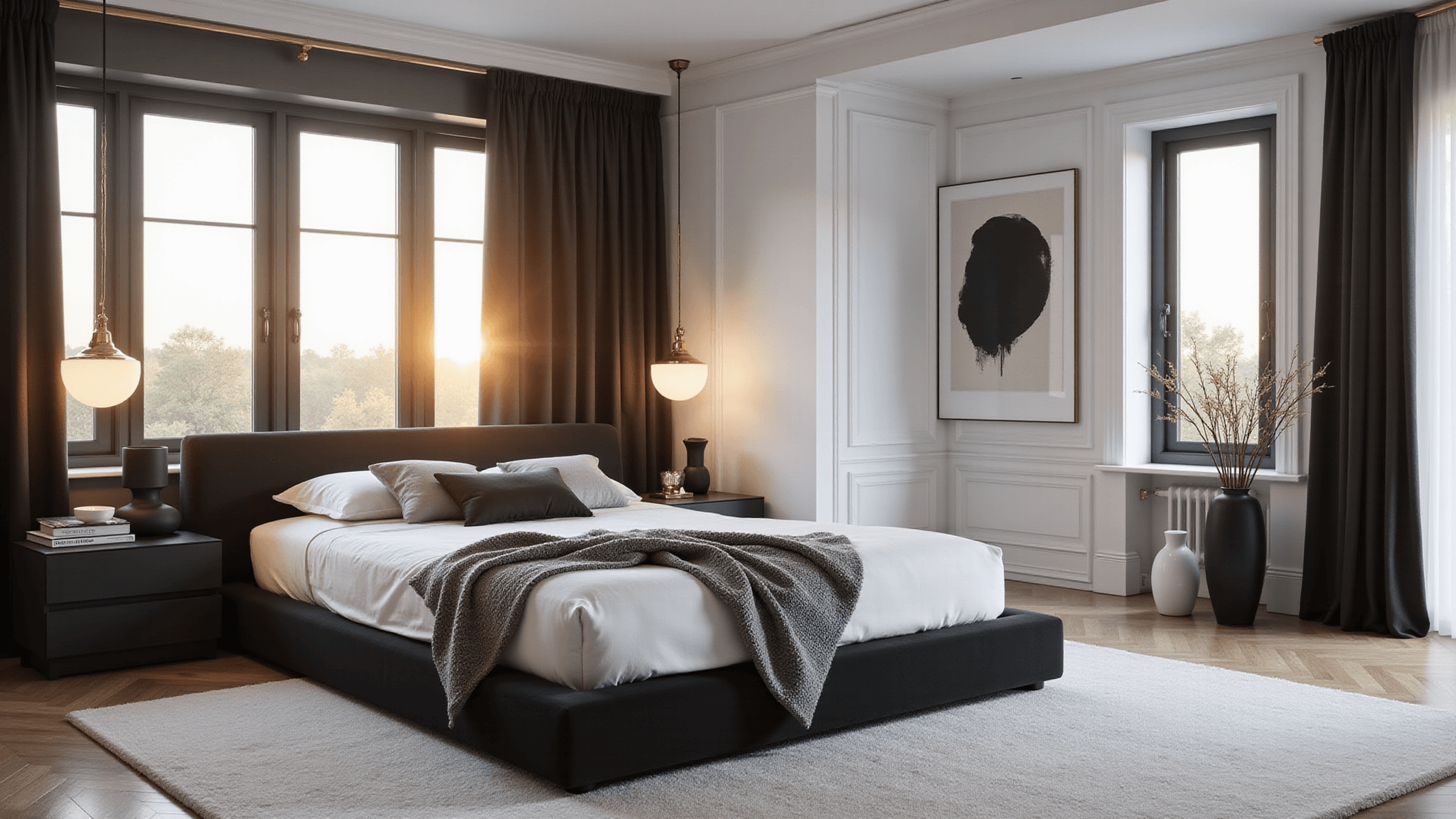 A luxurious black and white bedroom featuring a king platform bed with white linens and textured throw pillows, illuminated by golden hour sunlight through large windows, with modern furniture and minimalist decor accents.
