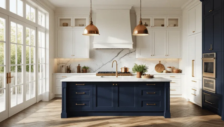 Photorealistic wide-angle view of a luxury kitchen featuring alabaster white and navy blue cabinets, Carrara marble countertops, and a waterfall island, illuminated by golden hour sunlight through large windows.