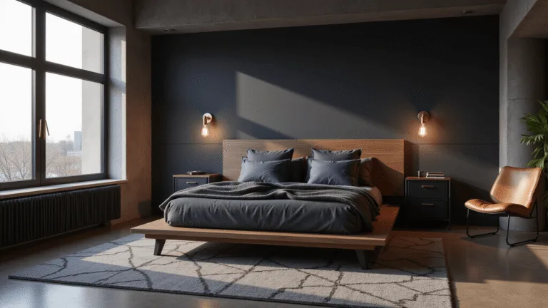 A sophisticated masculine bedroom featuring a dark walnut platform bed with charcoal bedding, industrial nightstands with Edison bulbs, and a cognac leather chair, all set against deep navy walls and raw concrete, captured in dramatic golden hour lighting.