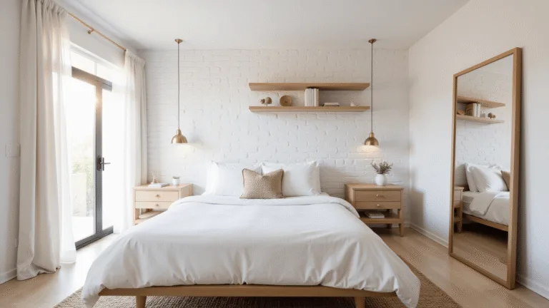 Photorealistic image of a bright and airy 10x12ft bedroom featuring a queen bed with white linens, a textured throw, a white-painted brick accent wall, minimalist oak shelves, and a brass wall sconce, bathed in morning sunlight through sheer curtains, with pale oak flooring and a jute rug, capturing a serene and hygge atmosphere.