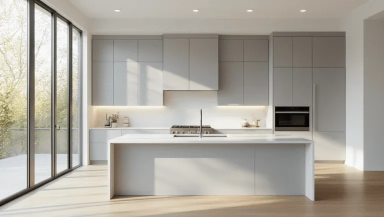 Hyperrealistic image of a modern, minimal grey kitchen with natural light, featuring light grey cabinets, white quartz countertops, a waterfall edge island, and warm oak flooring, captured in 8K resolution with early morning sunlight illuminating the space.