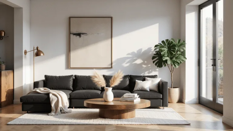 A modern minimalist living room featuring a charcoal gray sectional sofa with ivory cushions, a walnut coffee table, and a large abstract canvas, all bathed in natural light from floor-to-ceiling windows during golden hour.