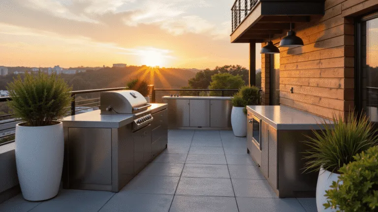 A cinematic wide-angle shot of a modern minimalist outdoor kitchen on a balcony at sunset, featuring stainless steel modular units, a built-in grill, concrete countertops, matte black pendant lights, and architectural plants, with a soft bokeh city view background.