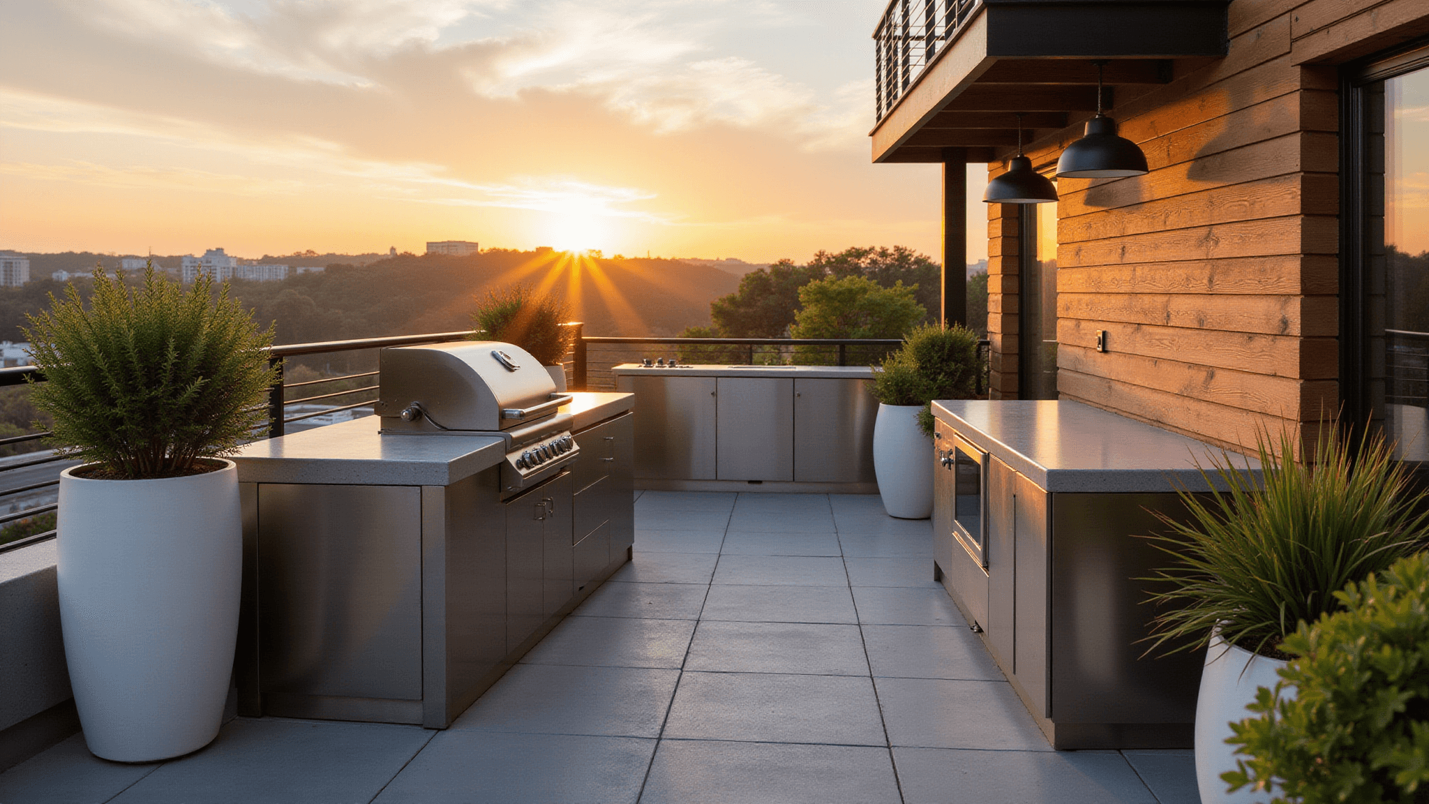A cinematic wide-angle shot of a modern minimalist outdoor kitchen on a balcony at sunset, featuring stainless steel modular units, a built-in grill, concrete countertops, matte black pendant lights, and architectural plants, with a soft bokeh city view background.