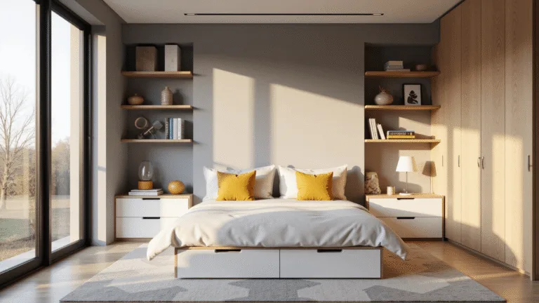 Photorealistic wide-angle shot of a modern minimalist kids' bedroom with a matte white platform bed, gray feature wall, floating light oak shelves, mustard yellow accent pillows, and a geometric rug, illuminated by golden hour sunlight through large windows.