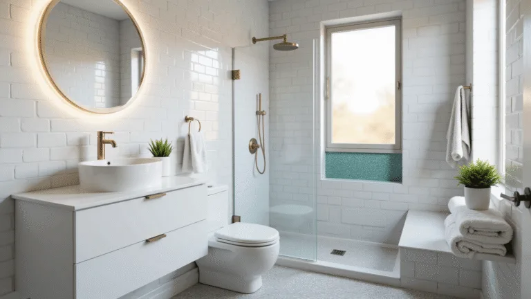 Photorealistic image of a modern minimalist bathroom featuring white subway tiles, penny tile flooring, a floating vanity with a waterfall edge, and a backlit mirror, enhanced by natural morning light and stylish brushed brass fixtures.