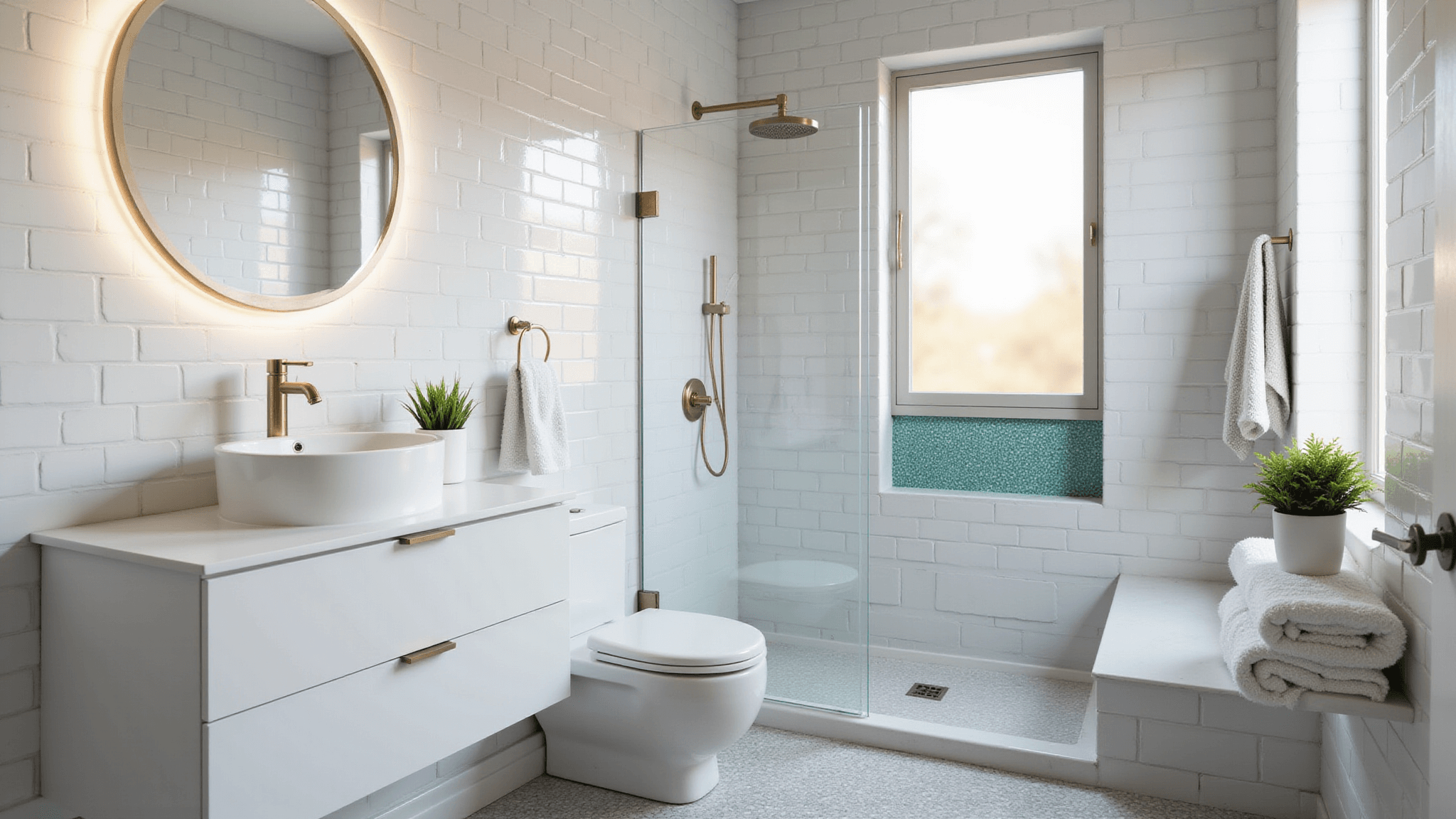 Photorealistic image of a modern minimalist bathroom featuring white subway tiles, penny tile flooring, a floating vanity with a waterfall edge, and a backlit mirror, enhanced by natural morning light and stylish brushed brass fixtures.