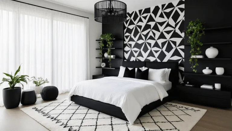 High-end monochrome bedroom interior featuring a king-size bed with white linens and black pillows, geometric wallpaper, black chandelier, and natural light from floor-to-ceiling windows.
