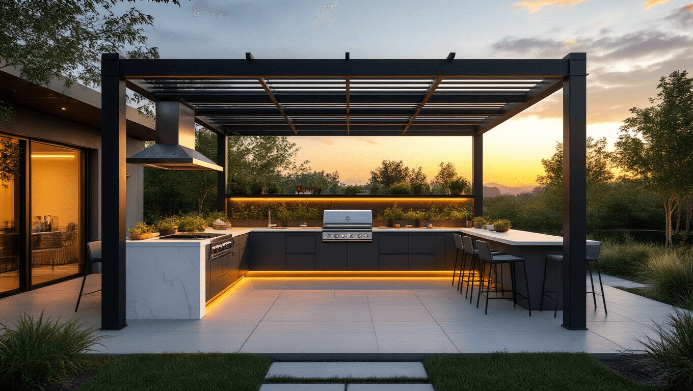 Photorealistic outdoor kitchen under a matte black aluminum pergola at sunset, featuring polished concrete flooring, white quartz countertops, stainless steel grill station, and charcoal grey bar stools, with warm ambient lighting and a dramatic depth of field.