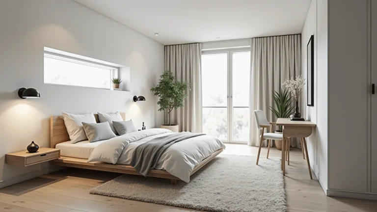 Photorealistic wide-angle view of a serene Scandinavian basement bedroom featuring a low-profile white oak platform bed, white linen bedding, grey accent pillows, and natural LED recessed lighting, with white walls, pale oak flooring, and a cream area rug, framed by white linen curtains at an egress window, emphasizing clean lines and a warm, airy atmosphere.