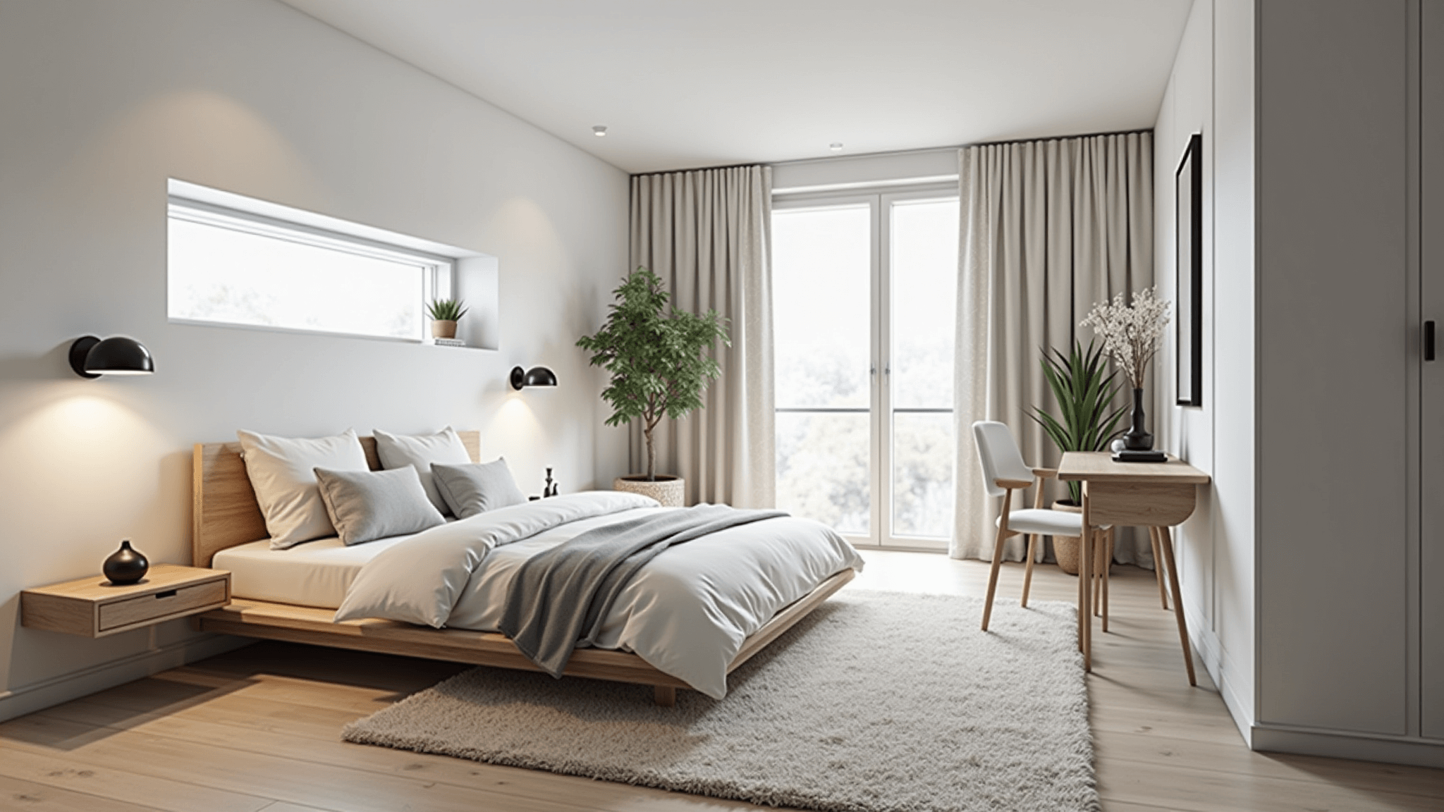 Photorealistic wide-angle view of a serene Scandinavian basement bedroom featuring a low-profile white oak platform bed, white linen bedding, grey accent pillows, and natural LED recessed lighting, with white walls, pale oak flooring, and a cream area rug, framed by white linen curtains at an egress window, emphasizing clean lines and a warm, airy atmosphere.