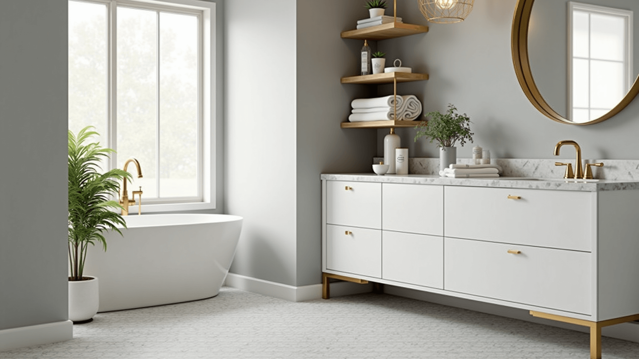 A bright, modern bathroom featuring a white vanity with gold hardware, geometric vinyl flooring, a gold-framed mirror, and open shelving with fluffy towels and succulents, illuminated by natural morning light.