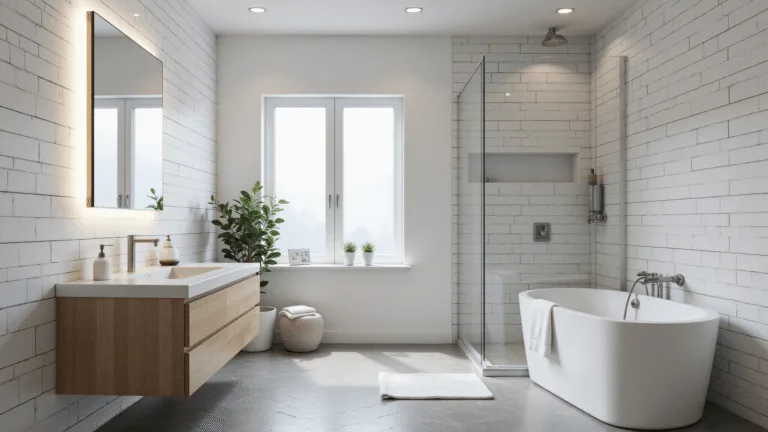 Photorealistic interior of a modern minimalist spa bathroom featuring natural morning light, white subway tiles, a light oak vanity, and a walk-in shower with a frameless glass partition.