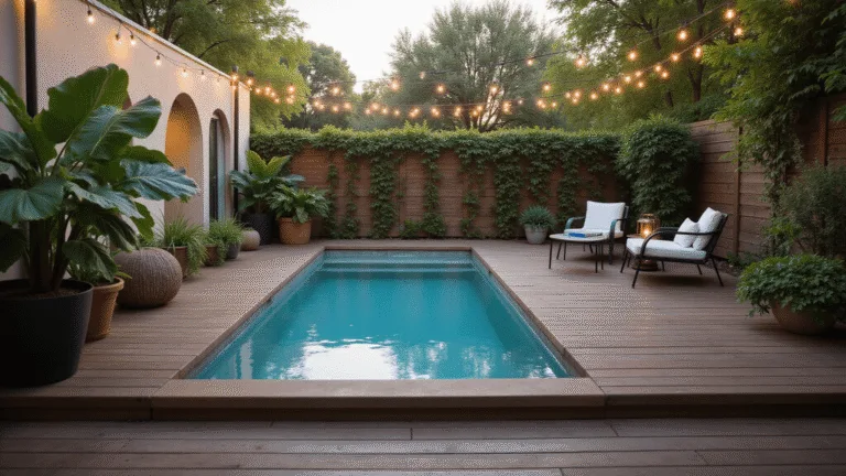 Photorealistic wide-angle view of a modern backyard oasis with an 8-foot galvanized stock tank pool, surrounded by lush tropical plants, a dark walnut wooden deck, ambient string lights, and high-end furniture, captured during golden hour with soft sunlight and intricate textures.
