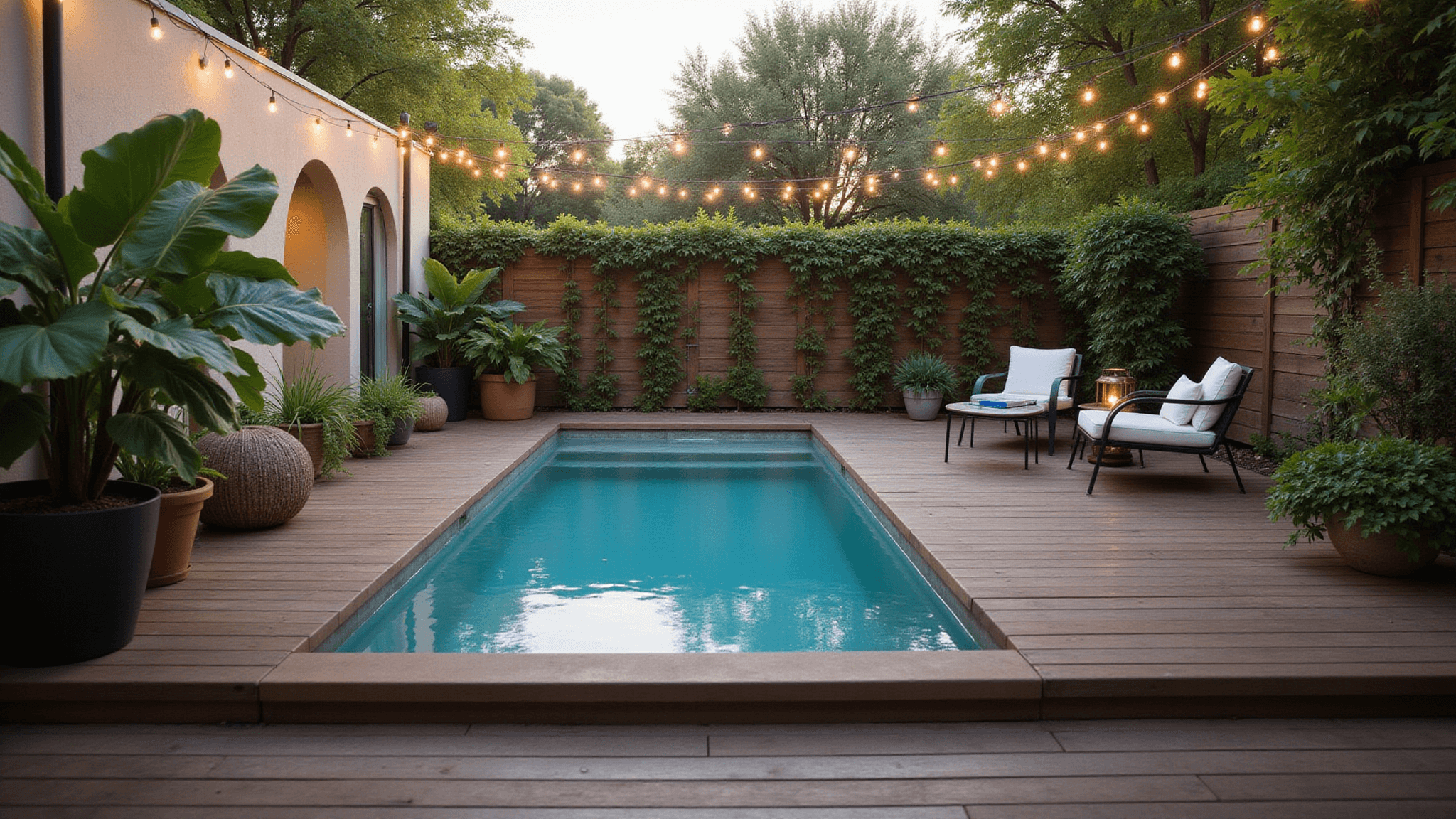 Photorealistic wide-angle view of a modern backyard oasis with an 8-foot galvanized stock tank pool, surrounded by lush tropical plants, a dark walnut wooden deck, ambient string lights, and high-end furniture, captured during golden hour with soft sunlight and intricate textures.