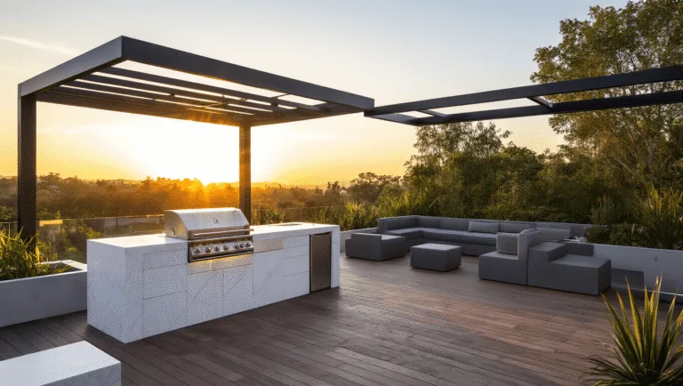 A luxurious outdoor BBQ terrace at sunset, featuring a sleek stainless steel grill station, white quartz countertops, modern seating, and a matte black pergola, surrounded by lush landscaping and warm, ambient lighting.