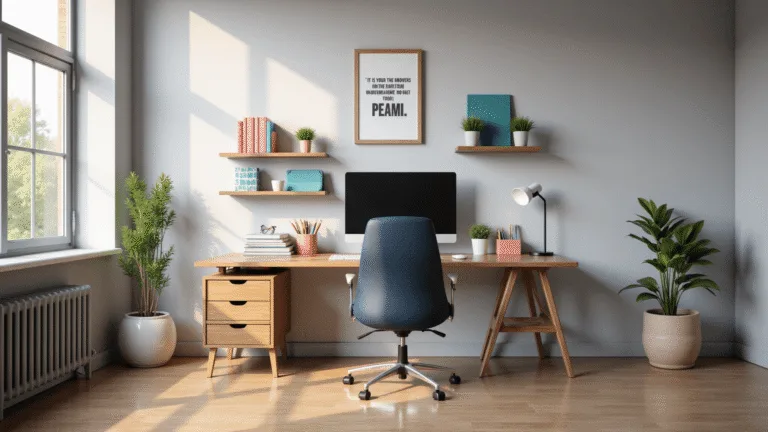 Photorealistic interior of a modern classroom workspace with an L-shaped wooden desk, ergonomic navy blue chair, organized desk accessories in teal and coral, floating shelves with educational materials and a succulent, and a modern desk lamp, shot in golden hour light.