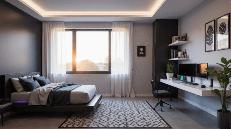 Cinematic interior shot of a modern teenage bedroom featuring a black platform bed, minimalist white desk with triple gaming monitors, floor-to-ceiling windows, and decorative industrial shelves, all bathed in golden hour light.