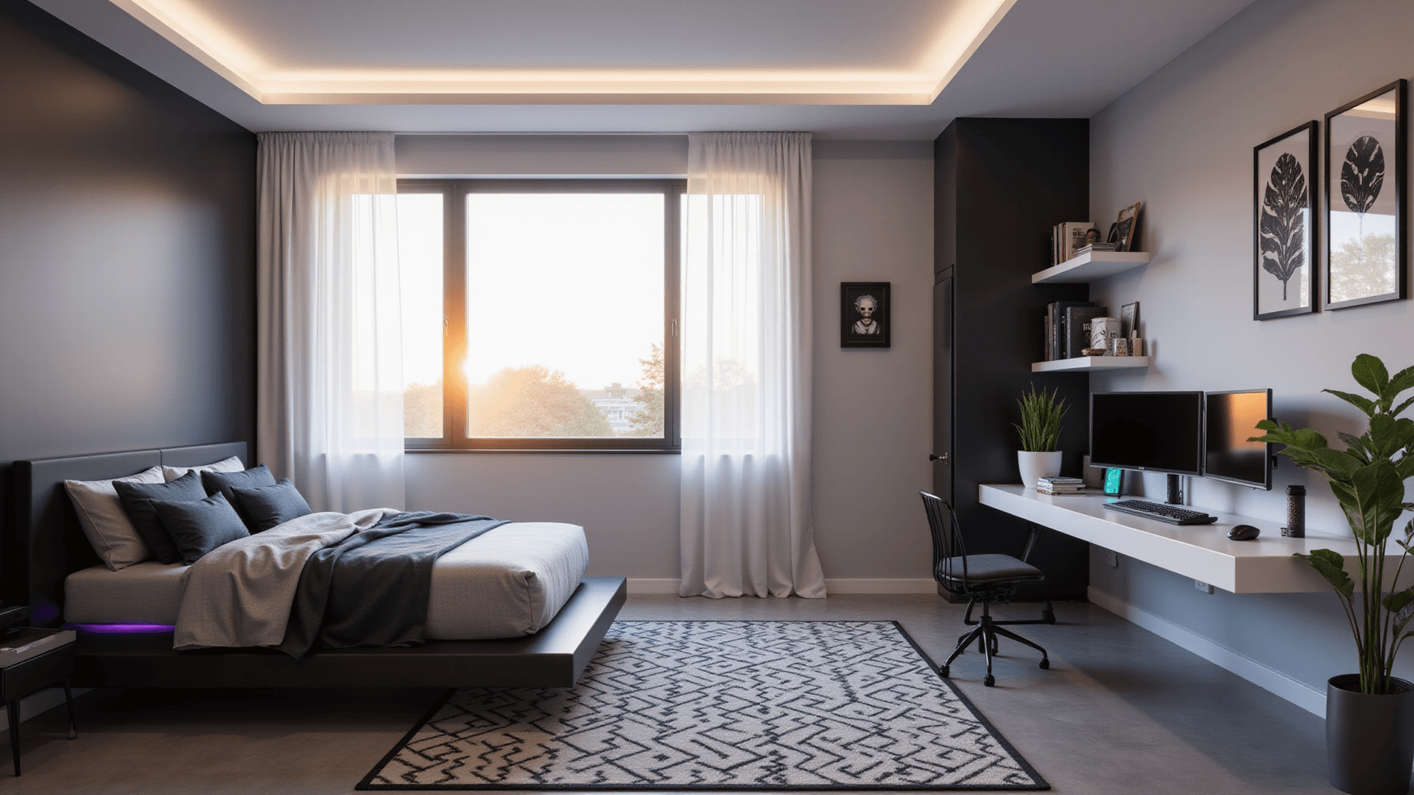 Cinematic interior shot of a modern teenage bedroom featuring a black platform bed, minimalist white desk with triple gaming monitors, floor-to-ceiling windows, and decorative industrial shelves, all bathed in golden hour light.