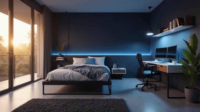 Photorealistic interior of a modern teen gaming bedroom featuring dramatic golden hour lighting, a dark navy accent wall with LED backlighting, minimalist furnishings, and a moody atmosphere.