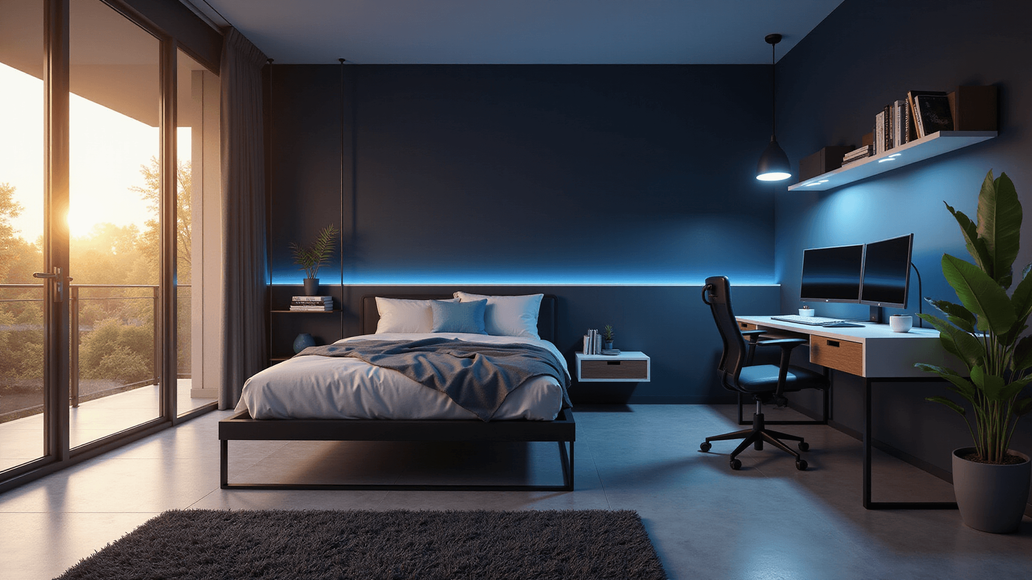 Photorealistic interior of a modern teen gaming bedroom featuring dramatic golden hour lighting, a dark navy accent wall with LED backlighting, minimalist furnishings, and a moody atmosphere.