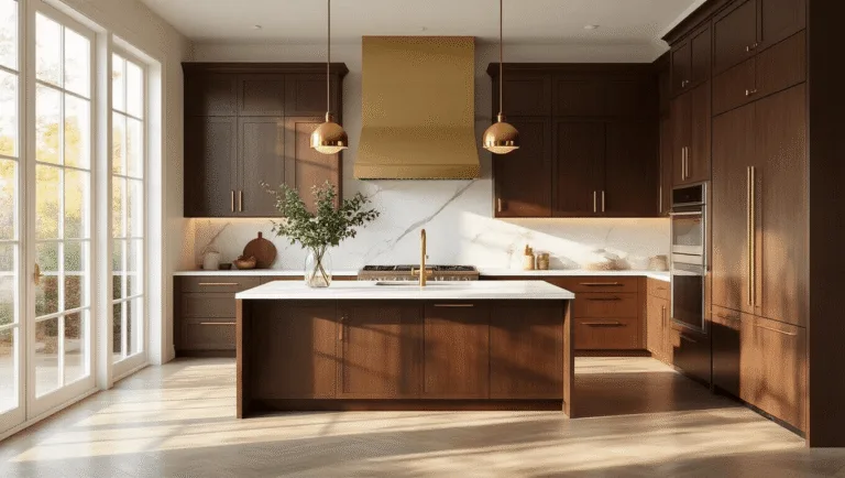 Photorealistic modern kitchen with walnut-brown cabinets, white marble countertops, and brass fixtures, illuminated by golden hour sunlight through large windows.