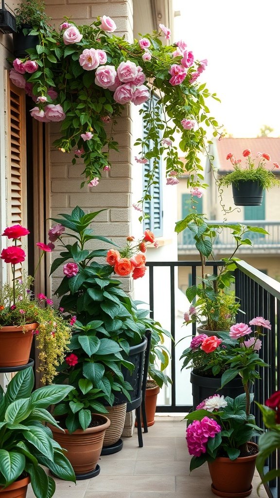 A small balcony filled with vibrant flowers in pots, creating a colorful and inviting atmosphere.